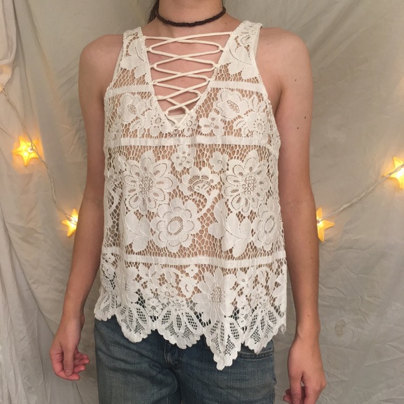 Express Tops - Express White Lace Nude Lace Up Tank
